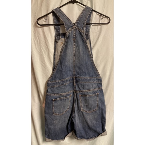 NWT GAP Girls Kids Bib Denim Jean Distressed Overall Shorts Cuffed XL Regular - Picture 2 of 9